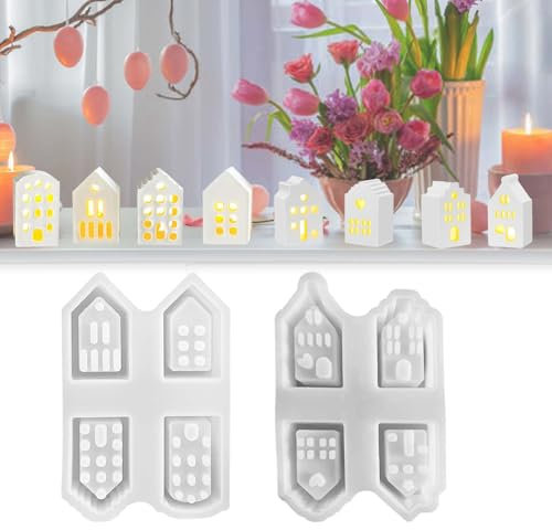 WISIRENT 8 Stück Silikonformen für Mini Häuser - Gießformen mit Fenster für DIY Kerzen und Gips