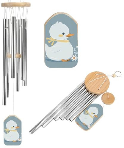 Gedenk-Windspiel, Motiv: kleine weiße Ente, bedruckt, Outdoor-Windspiel mit 6 Röhren, dekoratives Windspiel für Garten, Terrasse, Veranda, Fenster, draußen, 50,5 cm
