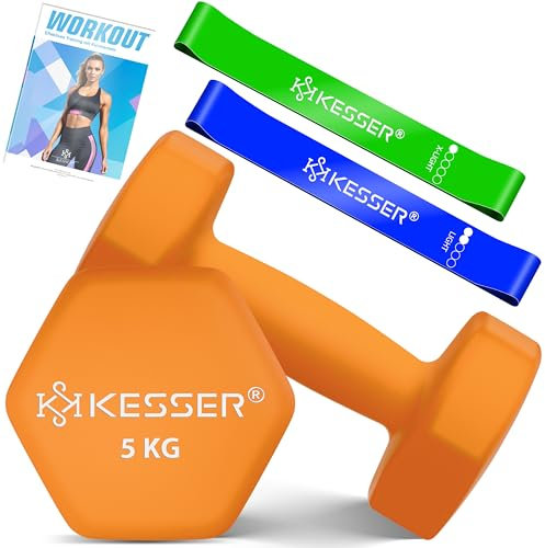 KESSER® Hanteln Hantelset 2er Set 2kg - 5kg farbig, Kurzhanteln Neopren, Hexagon, Krafttraining, Workout, Fitnesstraining, für Zuhause Mit Übungsheft, 2x Fitnessbänder