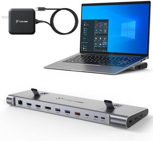 TobenONE - Docking station USB-C per 3 monitor e doppio monitor, supporto dock per notebook con caricabatterie GaN III da 100 W, Ethernet a 2,5 Gbps, 2 HDMI e DP (4K a 120 Hz), 6 porte USB