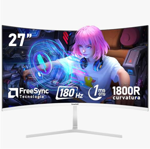 Gawfolk 27 pollici 180Hz curvo monitor per computer da gioco, 1800R,FHD 1080P, 98% sRGB, 1ms,FreeSync,178 ° grandangolo,HDMI、DisplayPort,Compatibile con il montaggio a parete 100 * 100mm - bianco