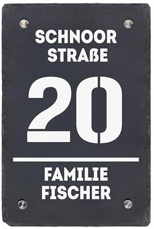 LAUBLUST Türschild Schiefer Personalisiert - Vertikales Format | Haustürschild mit Familienname, Adresse und Hausnummer - 3 Größen, Wetterfest | 4 Edelstahl Wandhalter