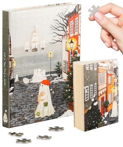 PieceRelax Puzzle Buchumschlag für Erwachsene - Harbor’s First Snow | A5 Liniertes Notizbuch, Katherine Blower, Transparente Buchhülle, Stifthalter, Lesezeichen, 329 Teile [YA1074]