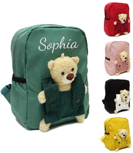 Personalisierte Kindergartenrucksack Kinder mit Gestickt Namen, Bär Kinderrucksack für Mädchen Junge, Kita Rucksack ab 1 Jahr, 27 x 20 x 10 Cm Kleinkind Schulranzen für Kindergarten Schule (Grün)