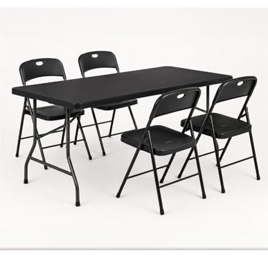 Jardin202 - Mesa Plegable Rectangular 180x70x74cm Catering | Mesa Resina con Patas de Acero Plegable para Eventos y terrazas | + 4 Sillas (Negro)