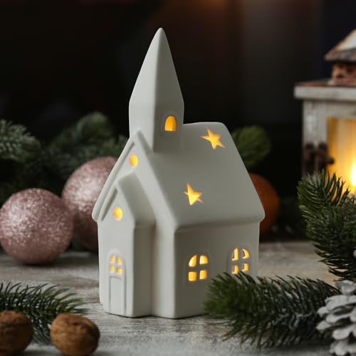 Teelichthalter Haus weiß Porzellan Windlicht Lichthaus Dekohaus für Teelichter Teelichthaus (Kirche)
