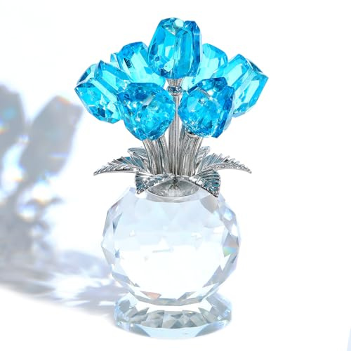 Movdyka Lake Blue Tulips Bouquet Gifts for Women Crystal Flowers Figurine | Glass Floral with Stem for Girls Friends Couple, Romantic Tulips Gift for Mother's Day Anniversary Birthday, Home Ornaments