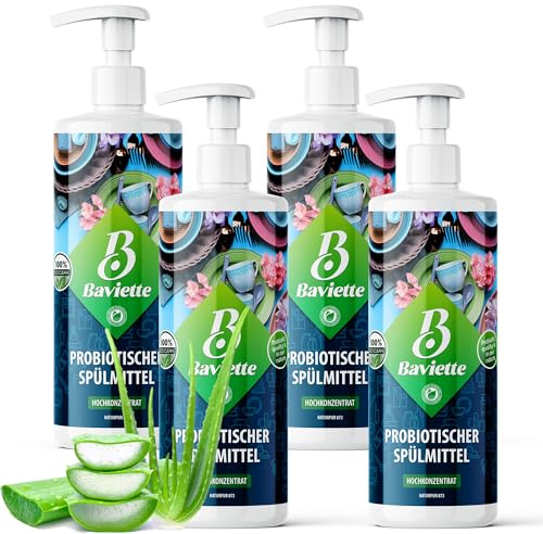 Baviette Detergente lavavajillas a mano con aloe vera, orgánico y probiótico, limpieza potente y suave para vajilla, aroma refrescante para un ambiente de cocina bien cuidado (4 x 500 ml)