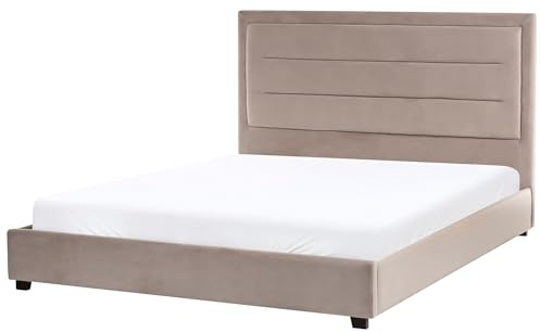 Beliani Velvet Bed with a Headboard EU King Size 5ft3 Upholstered Taupe Rouen