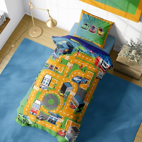 K Collection Champion Road Track Single Duvet Set – Reversible Racing Car Bedding for Kids – Fun Track Layout Design & Sports Cars – Polycotton Bedding with Matching Pillowcase