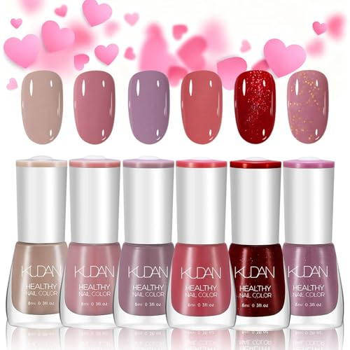Pink Nail Polish Set, 6PCS Quick Drying Nude Nail Varnish Kit, Long-lasting Red Purple Glitter Holographic Nail Paint Gel, Non-Toxic Water Based Nail Lacquer for Women DIY Nail Art Home - No UV Need