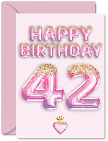 42nd Birthday Cards for Women and Men, Pink & Purple Glitter Balloons