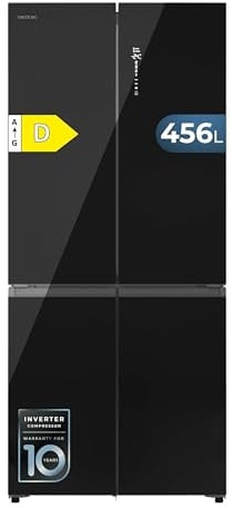Cecotec Frigorifero 4 Porte Semi Incasso Bolero CoolMarket 4D 456 SBI Black Glass D. Extra Capacità Inside 456L, 190 cm Altezza, 83,3 cm Larghezza, Classe D, Ultra Silenzioso, Vetro Nero Elegante