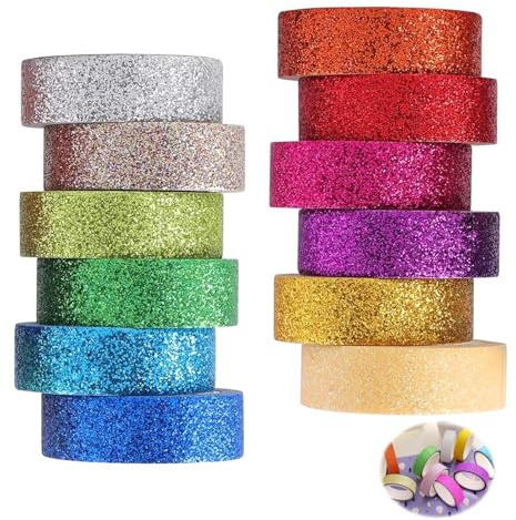 12 Stück Washi Tape Glitzer Set, Klebeband Bunte Glitzernde Bänder DIY Papier Tape, Glitzer Funkelnd Dekoratives Bunt Masking Dekrativer Bastelband Farbmaskierungsband Geburtstag für DIY Scrapbooking