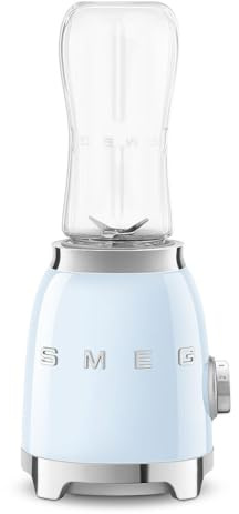Smeg, Mini-Blender PBF00PBEU, 2 Niveaux de Vitesse, Blocage Moteur de Sécurité, 1 Bouteille de 600 ml Fournie, Base Antidérapante, Range cordon Intégré, 300W, Bleu Clair Pastel