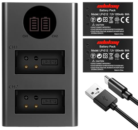 LP-E12 Akku Ladegerät Set für Canon - EOS M50 Mark II M200 M100 100D Kamera | Schnelles Dual-Slot Micro-USB/USB-C Ladegerät mit 2er-Pack LPE12 Akkus Kompatibel mit Auto/Powerbank/Laptop
