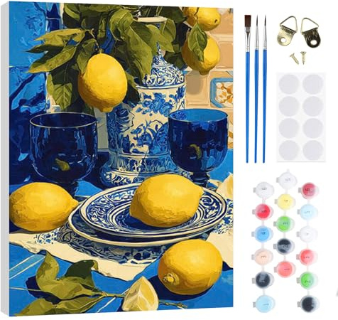 RICUVED Peinture par Numéros Adulte Citron,Tasse Maison Peinture par Numéros Kits avec Cadre en Bois Toile Huile la Main avec Pinceaux Kits Adultes Artisanat pour la Maison 20x30cm