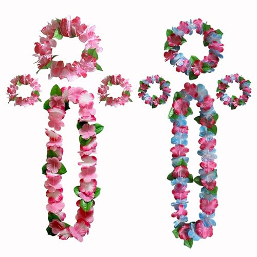 duoyif Collana hawaiana con fiori hawaiani, catena di fiori, catena hawaiana, fascia per capelli, per feste di erba, costume da festa, per cheerleading, compleanno, carnevale, feste in spiaggia (rosa