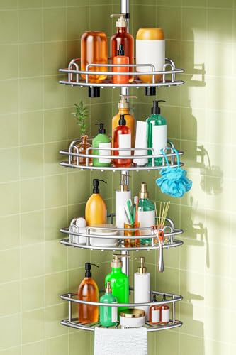 HAMITOR Teleskop Ecke-Duschregal ohne Bohren: Rostfrei Metall Duschablage | 4-Stufiges Badezimmer Organizer für Mitbewohner und Familien, Höhenverstellbar 121–314 cm, Silbergrau