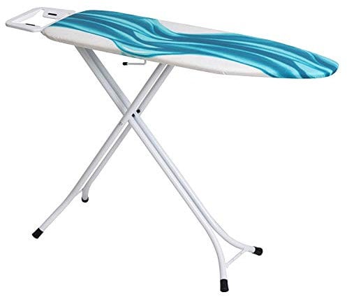 Mabel Home Adjustable Height, Deluxe, 4-Leg, Ironing Board, Additinoal Cover, Foldable, Collapsible, Space Savier Ironing Table, Blue/White Patterned