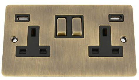 Antique Brass Flat USB Socket 2 Gang Black Insert Metal Rocker Switch (2100mA)