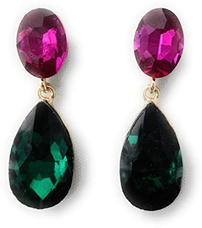 Pendientes largos mujer bisutería cristales de colores fiesta boda chapado plata, fucsia verde