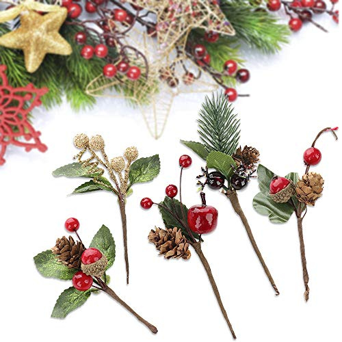 LAMF 20pcs Artificial Snow Tipped Pine Needles With Red Berries and Pine Cones for Christmas Flower Arrangements, Wreaths, and Holiday Decorations