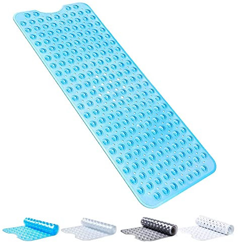 SOFTANA Non Slip Bath Mats with 200 Suction Cups - Shower Mat Non Slip Anti Mould for Bathroom & Bathtubs - PVC material 30% Extra Long Bath Mat - Machine Washable - 40x100 cm || Transparent Blue