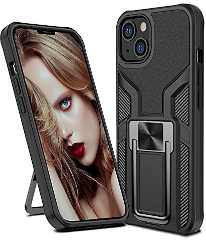 WATACHE kompatibel mit iPhone 13 Hülle, Heavy Duty Armor Protective Rugged 2 in 1 Stoßdämpfende Hülle mit Griffständer [Arbeiten mit magnetischer Autohalterung] für iPhone 13, Schwarz