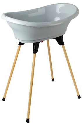 Thermobaby - Babybadewannen-Set - Vasco - Badewanne, Holzbein & Abflussschlauch - Patentierte Innovation - Zusammenklappbar & Stabil - Kann eine Babyliege aufnehmen - Grau Charme