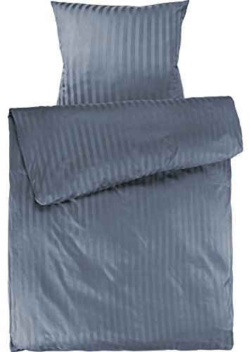Pure Label Mako Satin Damast Streifen Bettwäsche blau 155x220 cm mit Kissenbezug 80x80 cm aus 100% Baumwolle | Traumhaft weiches Mako Satin Bettwäsche Set in Uni