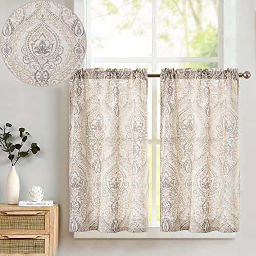TOPICK Scheibengardine Leinen Vorhang Vintage Bistrogardine Landhaustil Blumen Bedruckt Gardine Geblümt Scheibengardinen Blickdicht für Küche Wohnzimmer Landhaus 2er-Set Braun auf Beige 65B x 90H(cm)