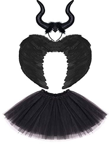Kinder Mädchen Teufel Kostüm Engelsflügel Feder Flügel Hörner Stirnband Tutu Tüll Rock 3tlg Maleficent Böse Königin Set Für Halloween Cosplay Weihnachten Fasching Karneval Verkleidung Schwarz Böse
