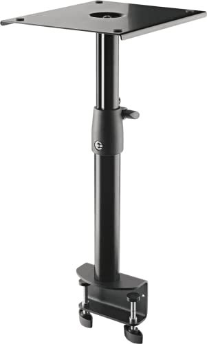 K&M 26777 Monitor Tripod for Table Mounting, Black, Steel, Height-Adjustable Shelf for Near-Field Monitors, Rotating Plate