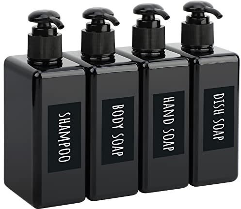 Segbeauty Dispensador de Jabón Negro Cuadrado, 4 Piezas 280ml Recargable Botella de Bomba de loción líquido para Baño Cocina, con Etiqueta Impermeable y Manuscrita, para Detergente, Acondicionador
