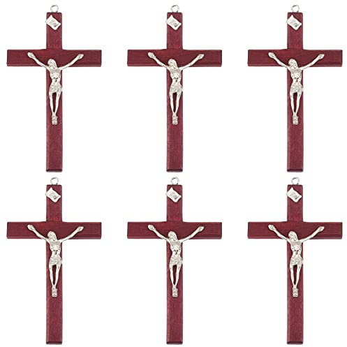 WEBEEDY 6 Stück Kruzifix Holz Kreuz Wandkreuz Kruzifix zur Firmung Geburt Kommunion Taufe Jesus Christus Buchenholz mit Metall Korpus Wandkreuz 12 cm Wandkreuz Ostern Geschenk (Braun)
