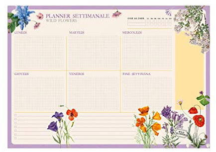 Grupo Erik Wochenplaner Tischkalender Block A4 - Kalender Planer Italienisch Botanical Wild Flowers - Tischplaner A4 ohne festes Datum