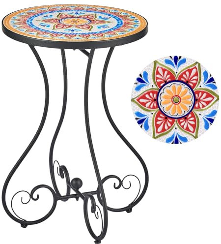 VONLUCE Round Side Table, Indoor and Outdoor Plant Stand, Small Coffee Table with 36cm Ceramic Tile Top for Patio Balcony, 53cm Tall Mosaic Garden Table, Living Room End Table or Bedside Table, Floral