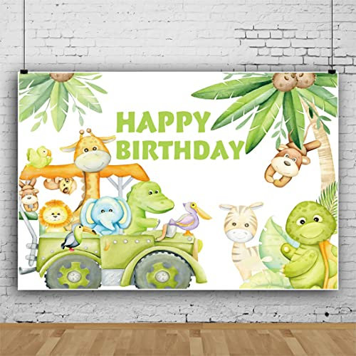 Ttincceer 300x250cm Herzlichen Glück zum Geburtstag Hintergrund Zoo Tiere Grün LKW Fotografie Hintergründe Cartoon Schildkröte Elefant Giraffe Baby Dusche Kinder Geburtstagsfeier Dekoration Banner