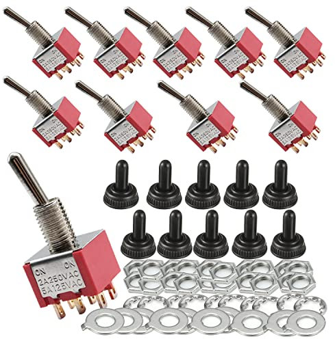 JMELEHW 10 mini interruttore a rotazione DPDT 6 pin 2 pass-pass AC 125V 5A con cappello rosso