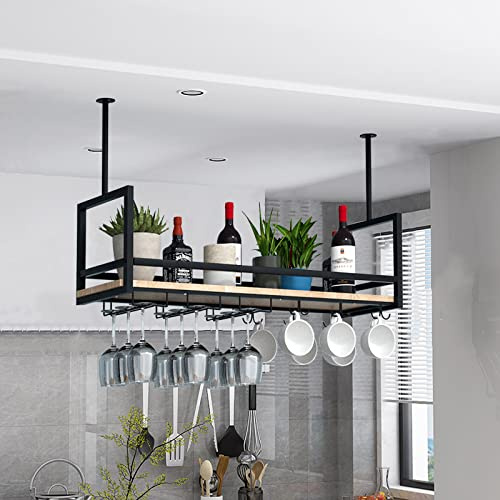 YTLEMON Portabottiglie da Soffitto, Mensola da Soffitto Porta Bicchiere da vino Sospeso, Scaffale decorativo per bicchiere di vino vintage, per Bar Sala da Pranzo Cucina (140×30×60cm, Black)