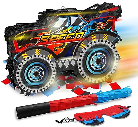 Monster Truck Pinata Car with Stick and Blindfold for Boys' Birthday Party Decoration