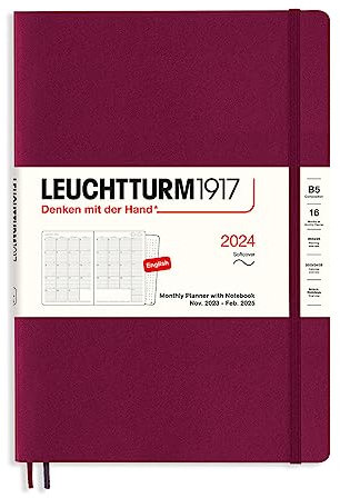 LEUCHTTURM1917 367567 Monatsplaner mit Notizbuch, Softcover, Composition (B5) 2024, 16 Monate, Port Red, English