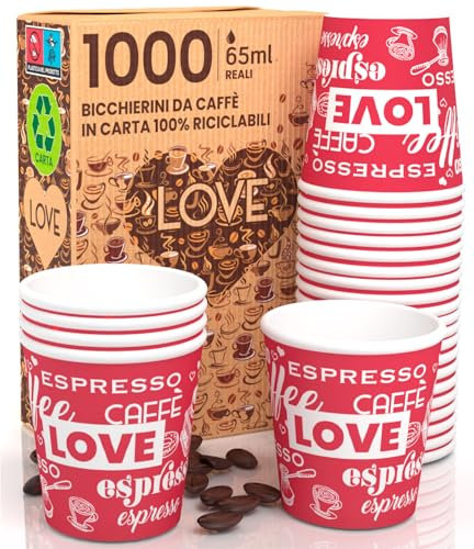 Eurocali 1000 Bicchierini in Carta per Caffè 65ml LoveRedCUP Bicchieri Ecologici Biodegradabili Monouso Piccoli Asporto Bevande Calde