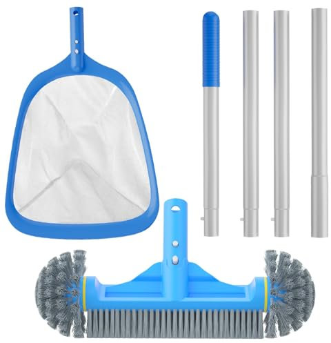 TidyMister 3-teiliges Reinigungsset – 31,8 cm Bürste mit rundem Ende und 27,9 cm Skimmernetz, feines Netz und 15 m dicke Aluminiumstange, 5 Segmente, für oberirdische und inirdische Pools, Teiche