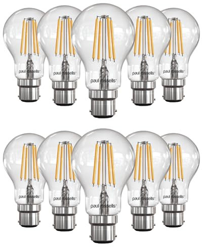 paul russells LED Filament GLS – Dimmable Bayonet Cap Fittings B22 Lightbulbs, 7Watt 806 Lumens Classic A60 LED Bulbs, 60w Equivalent, 2700K Warm White Dimmer BC Energy Saving Lamps, Pack of 10