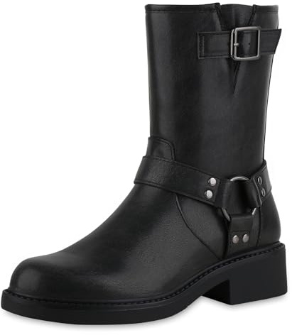 VAN HILL Damen Biker Boots Blockabsatz Nieten Trendy Schuhe 214139 Dunkelgrau 40