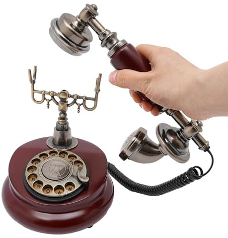 Schnurgebundene Vintage-Telefon Festnetztelefon Antike Deko Retro Drehscheiben aus Holz mit Metallklingel Antik-Telefon mit Wählscheibe,als dekoratives Element