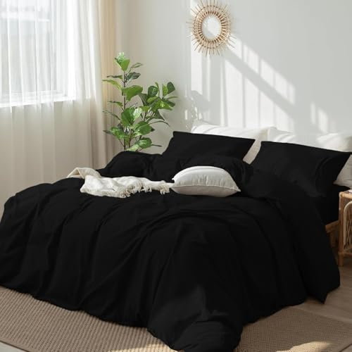 DXHOME Schwarze Bettwäsche 135x200 Baumwolle Uni Bettbezug Set Weich Kuschelig Weich Baumwolle Bettwäsche 2 Teilig für Einzelbett mit Reißverschluss und 80x80 cm Kissenbezug