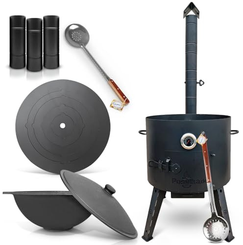 Utschak Uchag Feuerofen Ø 49 cm 2 mm Stahl Herdplatte 4mm Kazan 22 L flacher Boden mit Thermometer Schaumlöffel 64 cm,Verlängerungsrohr,Schaumlöffel 48 cm (Set F22-4)